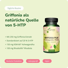 Vegavero 5-HTP Capsules Made from Griffonia with Ashwagandha KSM-66 and Rhodiola Rosea Rhodiolife, Adaptogenic Complex, Laboratory Tested, No Additives, German Production
