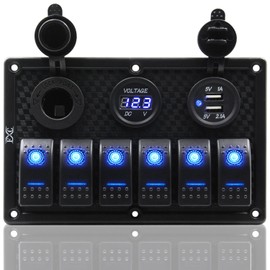 FXC Waterproof Marine Boat Rocker Switch Panel 6 Gang with Dual USB Slot Socket + Cigarette Lighter + Digital Voltage Display LED Light for Car Rv Vehicles Truck (6 Gang Blue Light)