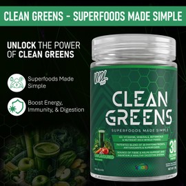 Clean Greens - Superfoods Made Simple | 63+ Vitamins, Minerals, Botanicals, & Nutrient Rich Whole Foods | Boost Energy, Immunity, & Digestion. 30 Servings - Unflavoured