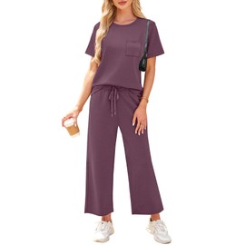 WIHOLL Beach Vacation Clothes for Women 2 Piece Travel Airport Outfits Fashion 2025 Comfy Summer Matching Sets Women Clothing Tropical Wide Leg Pants Lounge Sets Pjs Dark Purple L