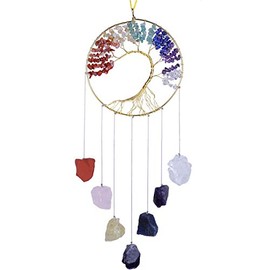 Nupuyai Tree of Life Raw Stone Wind Chimes for Indoor Outdoor, Handmade 7 Chakra Crystal Wall Hanging Ornament for Home Window Decoration 22-26 Inches