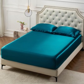Bedsure Bedsure Satin Fitted Sheet Queen Size - Silk Bed Sheet, Luxury & Ultra Soft, Non-Fading & Wrinkle Free, Good for Hair & Skin (Teal, 60x80+15 Inches, 1 Piece)