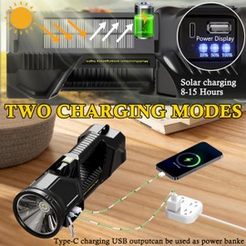 Solar Handheld Flashlight Rechargeable Multi Function High Bright 17000 Lumen 6 Modes LED Flashlight Emergency Strobe Light and 5400 MAH Battery Fishing Camping Emergency Light and USB Charging Cable