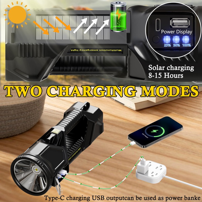 Solar Handheld Flashlight Rechargeable Multi Function High Bright 17000 Lumen