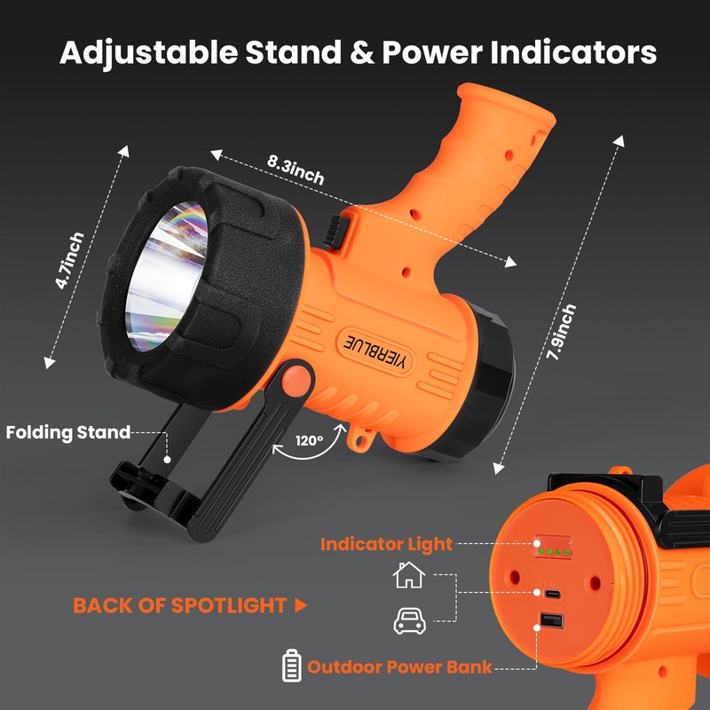 YIERBLUE Rechargeable Spotligh with 1000,000 Lumen LED, Handheld Rechargeable Spotlight