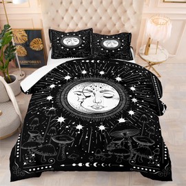 NINENINE Sun and Moon Comforter Set Twin Size for Adult Women Teens,Black and White Boho Exotic Style Bedding,Bohemian Mandala Mushroom Bed Set with 1 Comforter 1Pillowcase