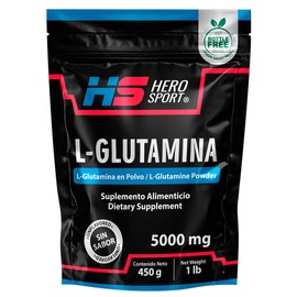 HS HERO SPORT Glutamina Micronizada de Alta Pureza 450g. 100% Natural, 5g Por Porción, 90 Porciones por Envase, Sin Sabor, Solubilidad Instantánea, Incluye Cuchara Medidora, Bottle Free.