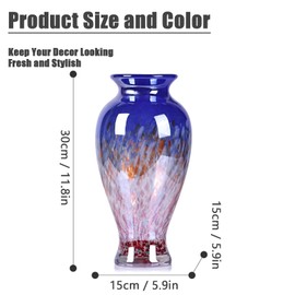 11.8" Tall Hand Blown Glass Vase,Large Blue Glass Vase,Murano Glass Vase,Wide Mouth Colorful Glass Vase for Mantle Glass Dining Table Centerpiece,Entryway Living Room Wedding Decoration