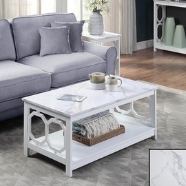 Convenience Concepts Omega Coffee Table with Shelf, White Faux Marble/White