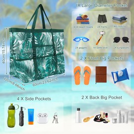 Mesh Beach Bags for Women Large Beach Tote Bags with 4 Pockets and Zipper Foldable Beach Tote Sandproof Tote Bags Oversized Beach Bag Swimming Pool Bags with Hand Strap Pool Bags for Travel Vacation