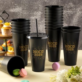 Honeydak 24 Sets 24 oz Hoco Plastic Cups with Lids and Straws Black Gold Hoco 2025 Drinking Cups Tumblers for Welcome Back to School Supplies