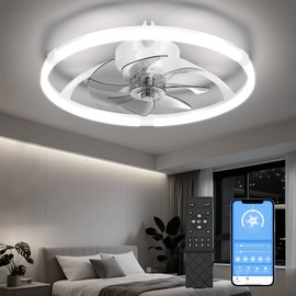 Ceiling Fans with Lights and Remote, 19.7'' Low Profile Ceiling Fan, 3000-6500K Dimmable Modern Flush Mount LED Fan Light, 6 Wind Speeds, Ceiling Fans for Bedroom