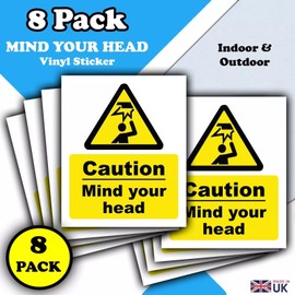 8-Pack Caution Mind your head Sticker Signs - Waterproof Vinyl 110mm x 90mm Sticker Sign