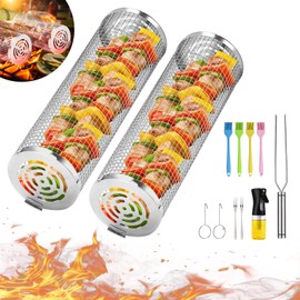 VEUIEIZT Grill Basket, Rolling Grilling Baskets, Stainless Steel Grill Mesh, Barbeque Grill Accessories, Portable Outdoor Camping BBQ Rack for Meat, Shrimp, and Vegetables., sliver