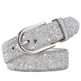 NONGFUGE Fashion Sequin Silver Waist Belts for Women Formal Dresses Jeans Glitter Sparkly Thin Skinny Shiny PU Leather Silver Buckle Fancy Belt for Girls Ladies