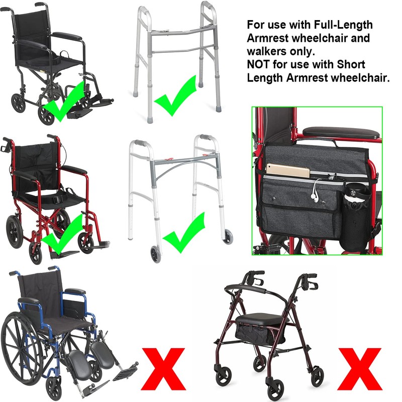Wheelchair Storage Bag, Wheelchair Double-Sided Armrest Pouch with Cup Holder