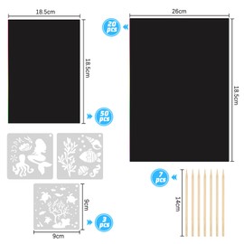 70 Sheets Scratch Pictures for Children, Rainbow Scratch Paper with 7 Wooden Pens and 3 Painting Stencils, DIY Magic Scratch Book, Scratch Paper Set for Adults, Boys, Girls, Drawing and Crafts