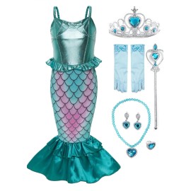 Funna Girls Mermaid Costume Princess Dress Up with Accessories Green, 6 Years
