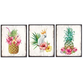 Pineapple Decor, Tropical Hawaiian Wall Art Decoration Set- Vintage Rustic Shabby Chic Sign Photo - Kitchen, Dining Room, Beach House, Ocean, Sea Home, Cafe, Restaurant- Gift for Women -8x10 Unframed
