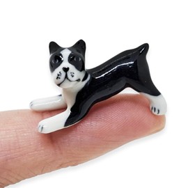 ChangThai Design Tiny 1⅛" Black White Stretching French Bulldog Frenchie Dog Figurine - Miniature Hand Made Ceramic Dogs Puppy Canine Animals Cute Porcelain Decorative Collectible Figure Décor Gifts