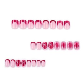 Foccna French Press on Nails Short Red Fake Nails Square Glossy Flower False Nail Tips Artificial Nails for Women&Girls 24 pcs