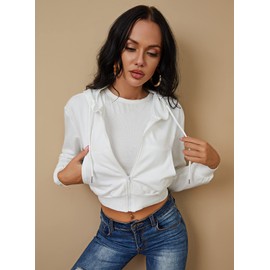 milanpavilion Women's Zip Up Hoodies Cropped Cardigan Jacket Drawstring Hooded Sweatshirts Casual Long Sleeve Top A-white