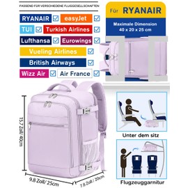 KLOSTAIN Hand Luggage Backpack for Ryanair Easyjet Hand Luggage Laptop Backpack Airplane Travel Backpack Bag for Men and Women, Light purple