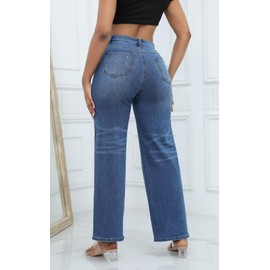 Atditama - Jeans de pierna ancha para mujer, tiro medio, pierna recta, corte bota, elásticos, holgados, para novio y mamá, 182 Blue, 14-16