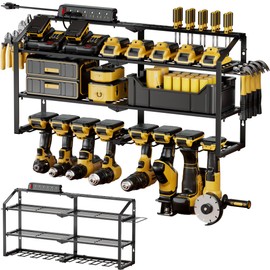 Spampur Power Tool Organizer Wall Mount with Charging Station, 3 Layers Storage Rack with 8 Cordless Drill Hangers, Tool Battery Holder Built in 6 Outlet Power Strip, Utility Racks for Garage Workshop