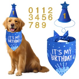 Agroon Dog Birthday Party Supplies, Blue Dog Birthday Set with Hat Bandana Numbers for Large Medium Boy Pets Puppy