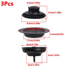 Antrader Kitchen Sink Drain Strainer and Stopper Black,3Pcs Stainless Steel Kitchen Sink Drain Strainer Basket and Stopper Black Kitchen Sink Drain Strainer Kitchen Sink Stopper Kit