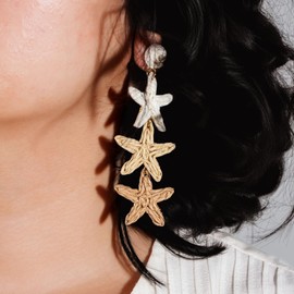 Boho Starfish Shell Seashell Earrings Cute Dangle Drop Earrings Statemnet Trendy Summer Beach Jewelry Long Fun Earring for Women(Ivory/Sand)