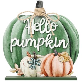Soaoo Thanksgiving Decoration Wooden Fall Hello Pumpkin Sign Autumn Pumpkin Table Decor 11 Inch Wooden Pumpkin Desktop Ornament for Farmhouse Home Living Room Harvest Day Thanksgiving Decor(Green)