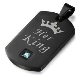 Flongo Couples Partner Pendant Necklace Set, Zirconia Stainless Steel Necklace Chain with Engraving Crown, Dog Tag, Black Silver Partner Chains for Men, Women, Stainless Steel, Cubic Zirconia