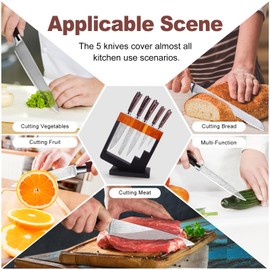 5 Piece Kitchen Knife Set with Block - High Carbon Stainless Steel Sharp Blade Chef Knives Sets with Ergonomic Wood Handle, Kitchen Knife Block Set for Home Cooking）