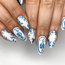 Flower Press on Nails Medium Almond Fake Nails with Blue Rose Designs Glue on Nails Glossy Blue White False Nails Elegant Stick on Nails for Women Girls Fingertip Art Manicure 24Pcs