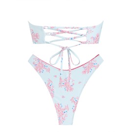 ZAFUL Women's Strapless Bikini Tiny Floral Print Ruched Bow Lace up Thong Bandeau Bikini Swimsuit Bathing Suits (Light Blue, M)