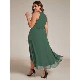Ever-Pretty Plus Women's Sleeveless Halter A Line Pleated Classy Plus Size High Low Wedding Guest Dresses Eucalyptus US16