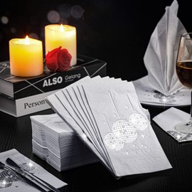 100 Servilletas de Cóctel con Lámina de Plata para Fiesta Disco Servilletas de Toalla Papel Desechable de 70s 80s 90s de 3 Capas para Boda Cumpleaños Graduación 4 x 8 Pulgadas (Fondo Blanco)