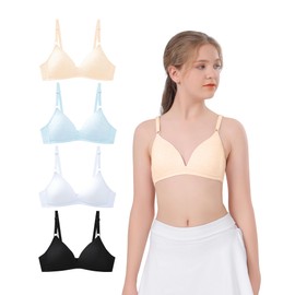 Sascina Sujetador Deportivo de algodón de Entrenamiento para Chicas Adolescentes de 10 a 16 años con Tirantes Ajustables Sujetador Acolchado Suave sin Aros, Negro/Blanco/Piel/Azul, 34