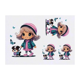 4 x 'Blond Girl Walking A Puppy' Temporary Tattoos - Water Resistant, Skin-Safe, Non-Toxic Transfers, Mixed Sizes (TO00072470)