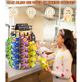 Usluole Chip Rack Display Stand, 5 Tiers 40 Clips Snack Organizer with Fence, 360°Rotating Wooden Base Chip Bag Holder Candy Display for Concession Stand Countertop, Party, Retail, Home Office, Brown