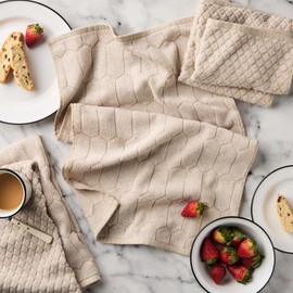 Martha Stewart Honeycomb Chambray Textured Kitchen Towel 4-Pack Set, 100% Cotton with Absorbent Terrycloth, Decorative Kitchen Towels, Natural, 16"x28"
