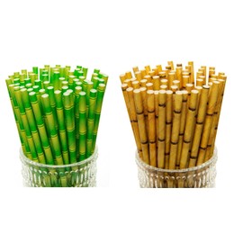 YEHAM 100 Pc 2 Colors Biodegradable Bamboo Print Paper Drinking Straws for Juices Shakes Birthday Wedding Party Supplies