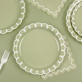 175 Pcs Sage Green and White Paper Plates and Napkins Set, Tableware Set Serve for 25 Guest Include Sage Scalloped Plates, Napkins and Plastic Clutry for Baby Shower, Wedding, Bridal Shower, Birthday