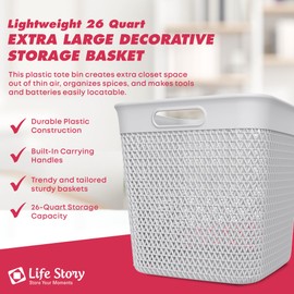 Life Story Extra Large Storage Basket, Decorative Plastic Home Organizer, Lightweight Versatile Tub with Built-In Handles, 26 Quart, White