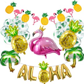 KOZEE Tropical Flamingo Birthday Banner Shiny Card and Flamingo Pineapple Coconut Palm Tree Printed Balloons for Tropical Birthday Hawaiian Theme Decorations