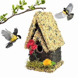 Edible Birdhouse - Birdseed Bird Feeder, Wooden Birds House Covered in Wild Bird Food, Squirrel Resistant Birds Feeders for Outside Hanging, Watching Gift for Garden Lovers, (TL)