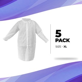 AMZ Medical Supply White Disposable Lab Coat, XL. 5 Pack 35 GSM Polypropylene Fabric Medical PPE Coat. Knee-Length Disposable Lab Coats for Adults with Elastic Wrists, Loop Fasteners, No Pockets