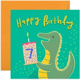 Old English Co. Happy 7th Birthday Dinosaur Card - Square Seventh Birthday Wishes Card | Suitable for Baby, Son, Daughter, Child | Blank Inside & Envelope Included